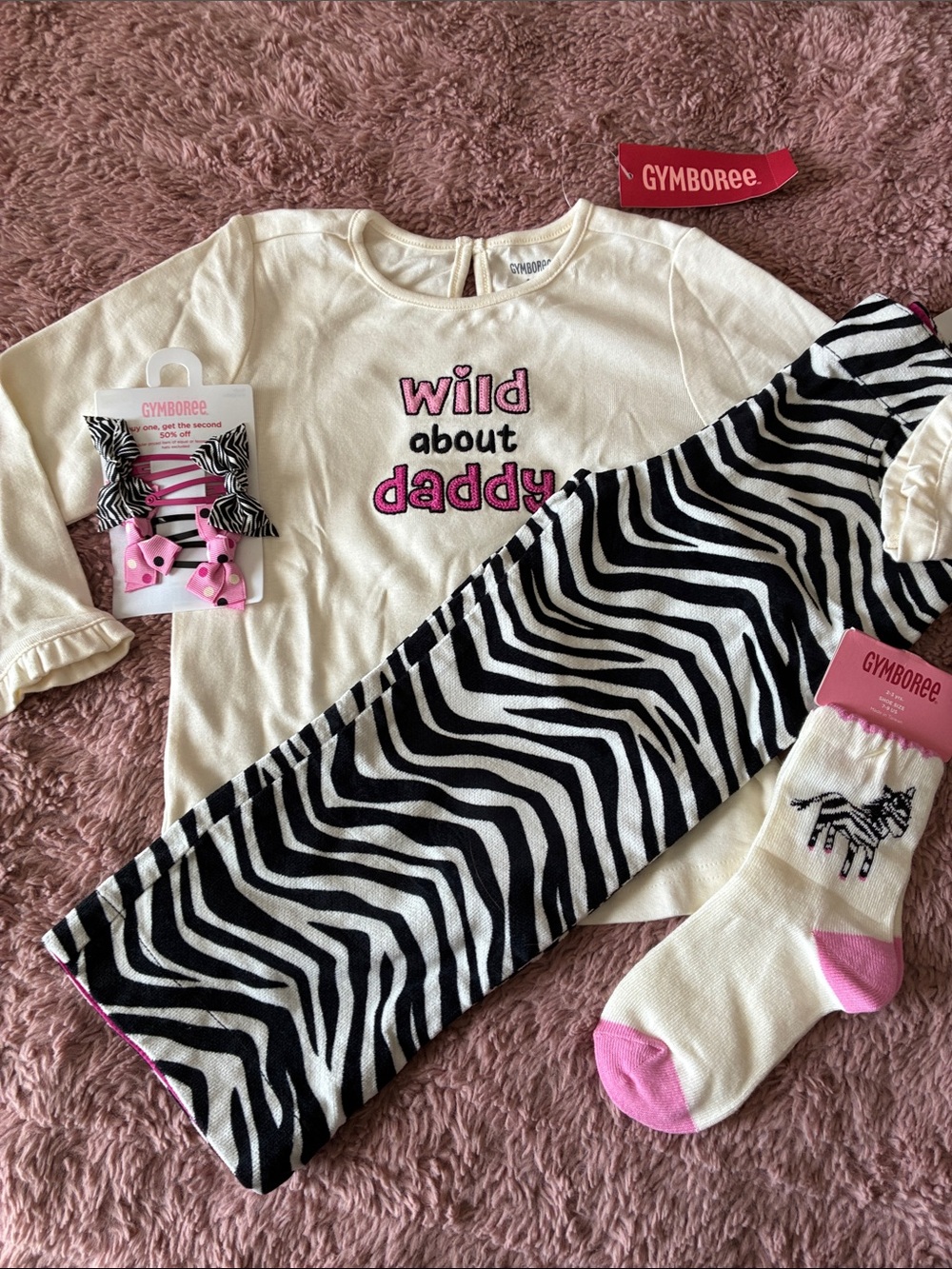 Gymboree Wild One Black & White Zebra Pants, Top, Socks, Hair Set